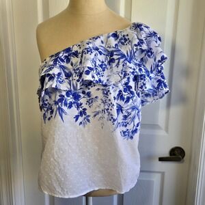Maeve One‎ Shoulder Blue White  Floral Ruffle Cotton Blouse Size 14 Resort Wear
